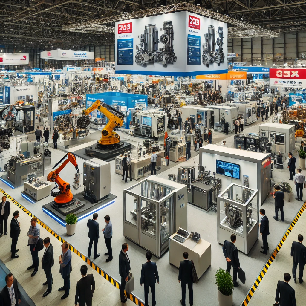 makina fuar görseli- A bustling trade fair for machinery and industrial equipment. The scene is indoors with large exhibition halls filled with various machinery displays